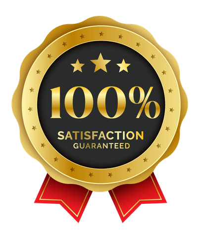 A gold badge that says 100 % satisfaction guaranteed