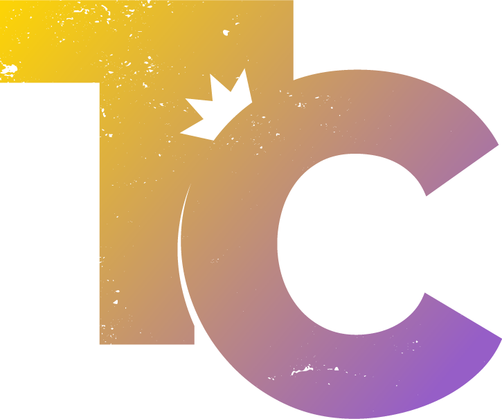 A yellow and purple letter c with a crown on it.