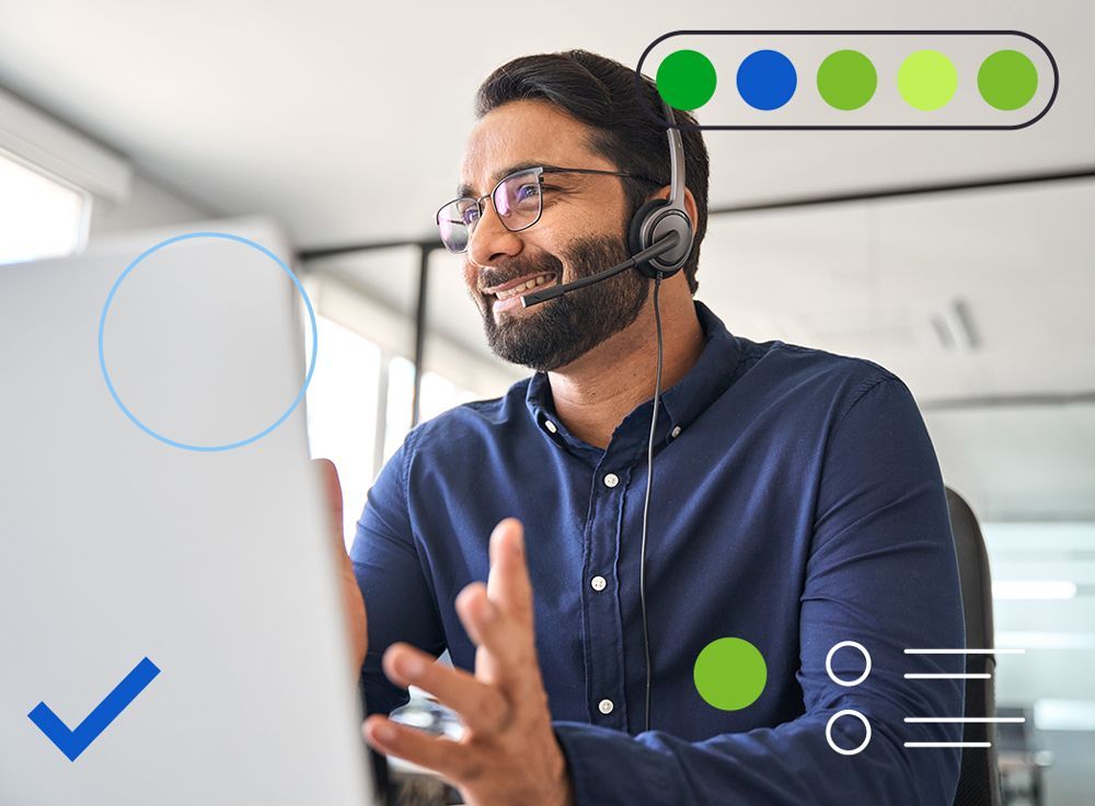 A man wearing a headset is talking on a video call