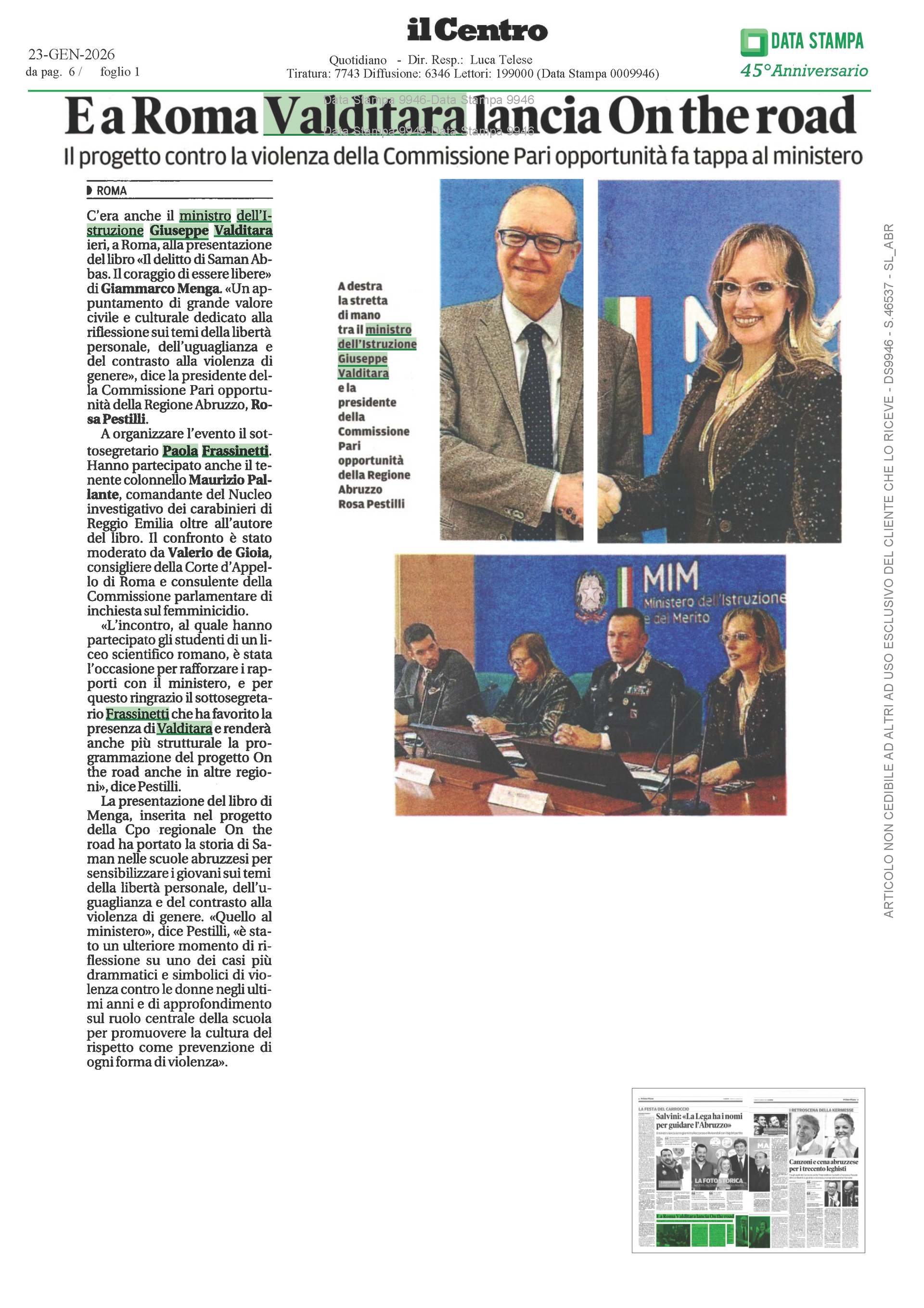 Roma 22.01.2026: Valditara lancia On The Road