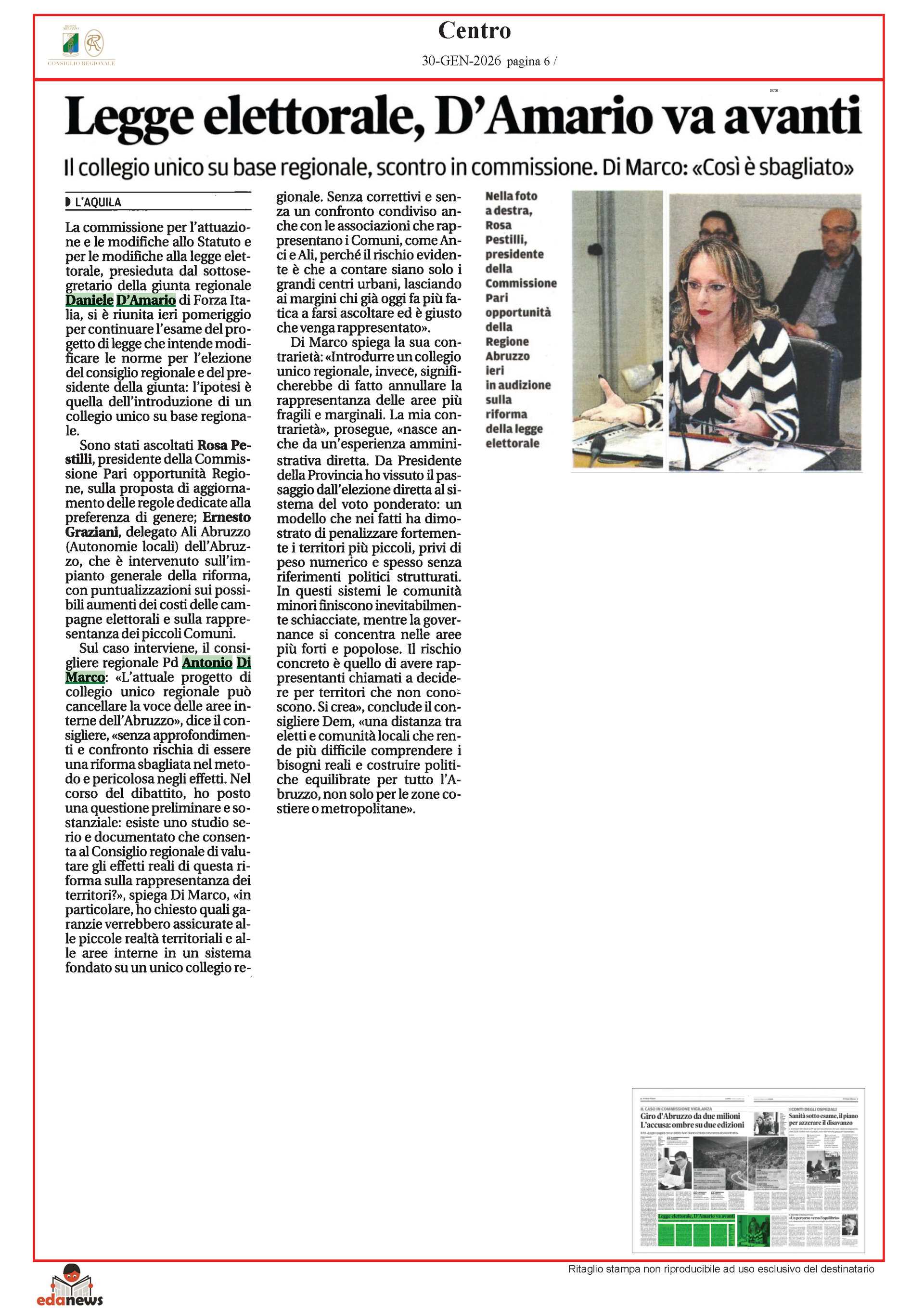 LEGGE ELETTORALE, LA PESTILLI CHIEDE LA QUARTA PREFERENZA E ACCENDE LO SCONTRO SULLA PARITÀ