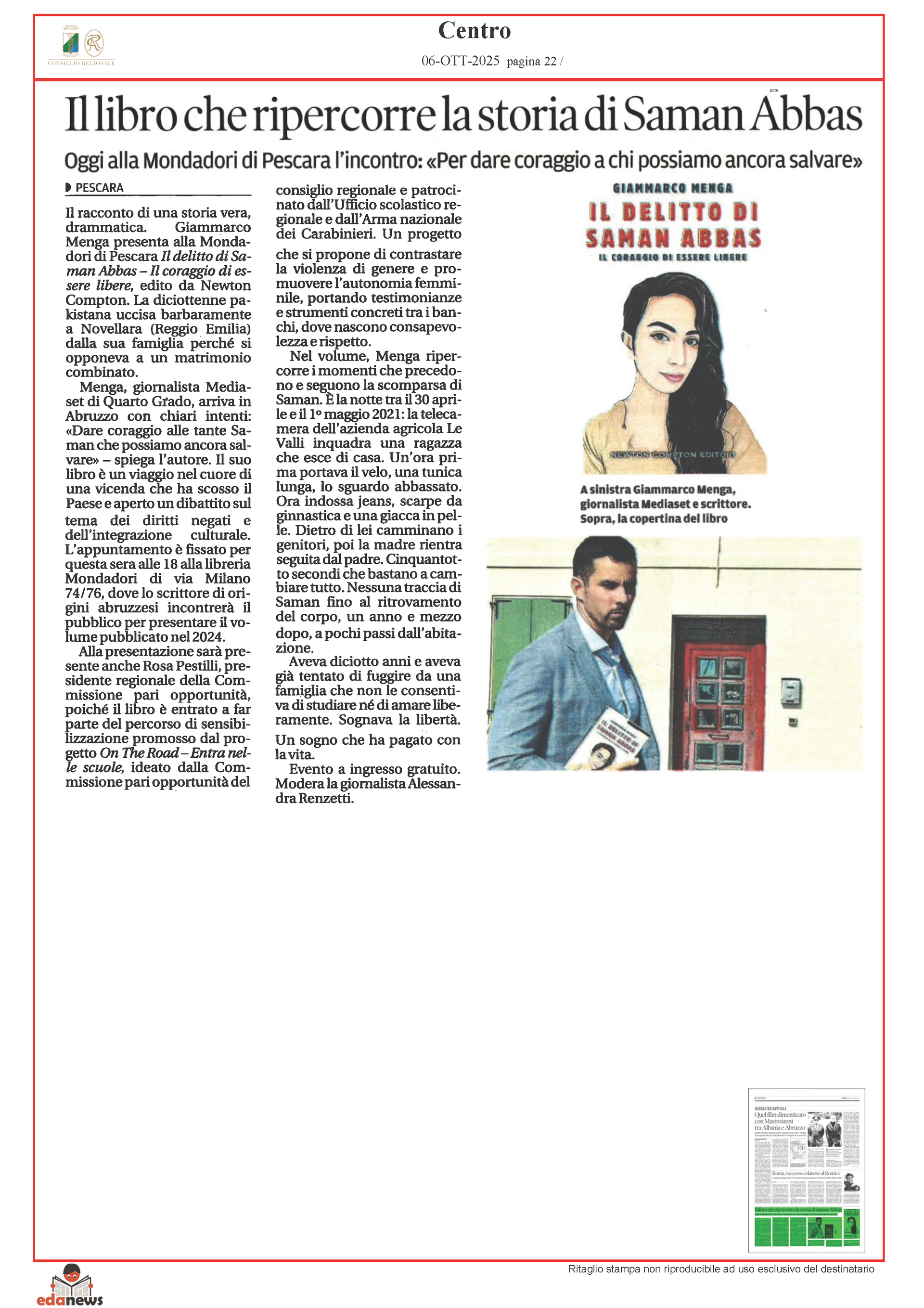 Rassegna Stampa - Il Centro - Oggi alla Mondatori di Pescara l'incontro - Per dare coraggio a chi possiamo ancora salvare