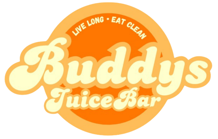 Logo for Buddy's Juice Bar featuring retro cream-colored text on a bright orange circle with the slogan 