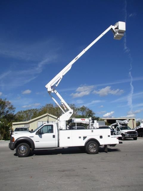 A white truck with a crane attached to it