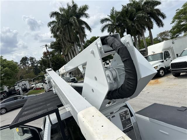 A white truck is parked in a parking lot with palm trees in the background