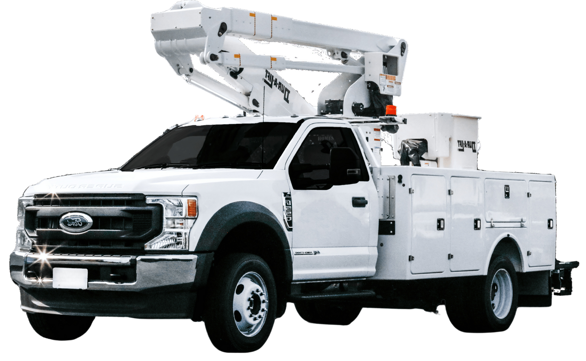 A white utility truck with a crane on top of it.