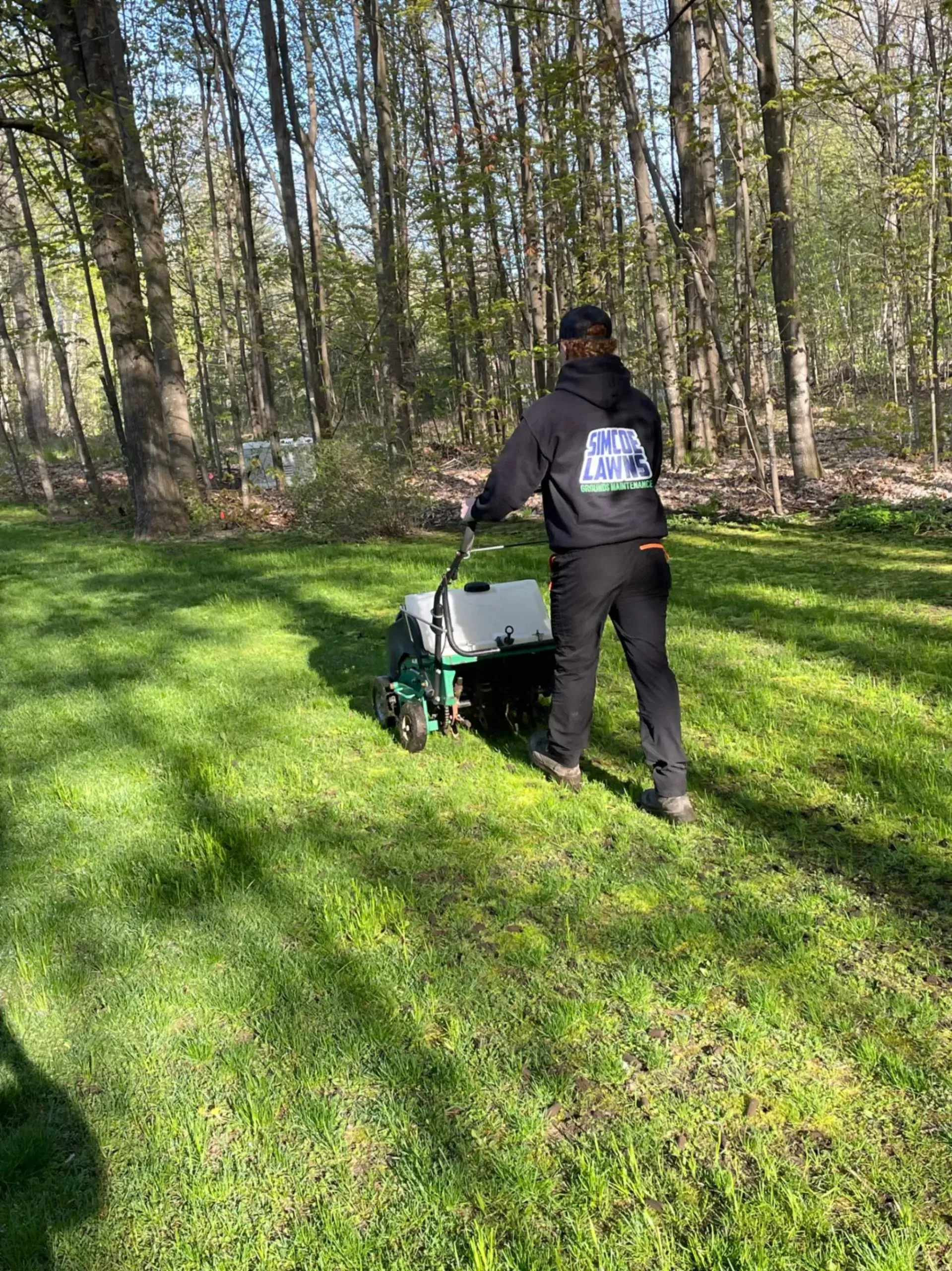 Person pushing a spreader on a green lawn; trees in the background.