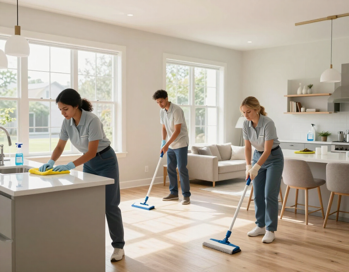 A professional house cleaning team carefully cleaning a bright Houston home with eco-friendly supplies.