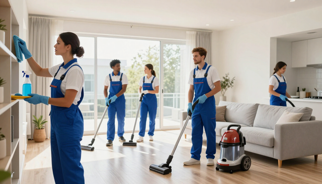 A professional residential cleaning team in uniform working together in a bright, modern Houston home interior.