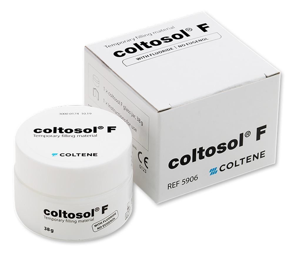 Un barattolo bianco e una scatola di cartone abbinata di Coltosol F, materiale per otturazioni dentali temporanee della Coltene.