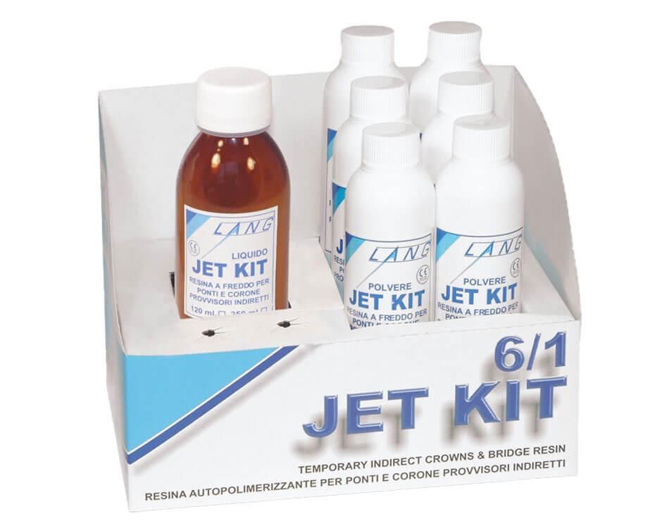 Una confezione del kit Lang Jet contenente una bottiglia di liquido marrone e sei bottiglie di polvere bianca per corone e ponti dentali.