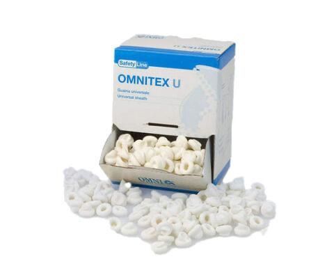 Una scatola di rotoli di cotone dentale monouso Omnitex U di colore bianco, con alcuni rotoli sparsi sulla superficie davanti alla scatola.