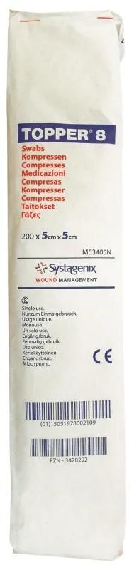 Una confezione alta e bianca di 8 garze medicali Topper, con testo blu e logo Synedrex.