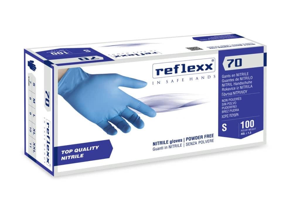 Una confezione di guanti medicali Reflexx in nitrile blu, senza polvere, taglia piccola, contenente 100 pezzi.
