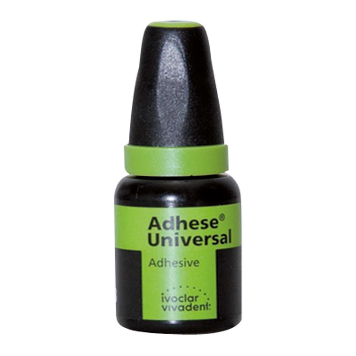 Flacone nero di adesivo dentale universale Adhese di Ivoclar Vivadent con etichetta e tappo verdi.