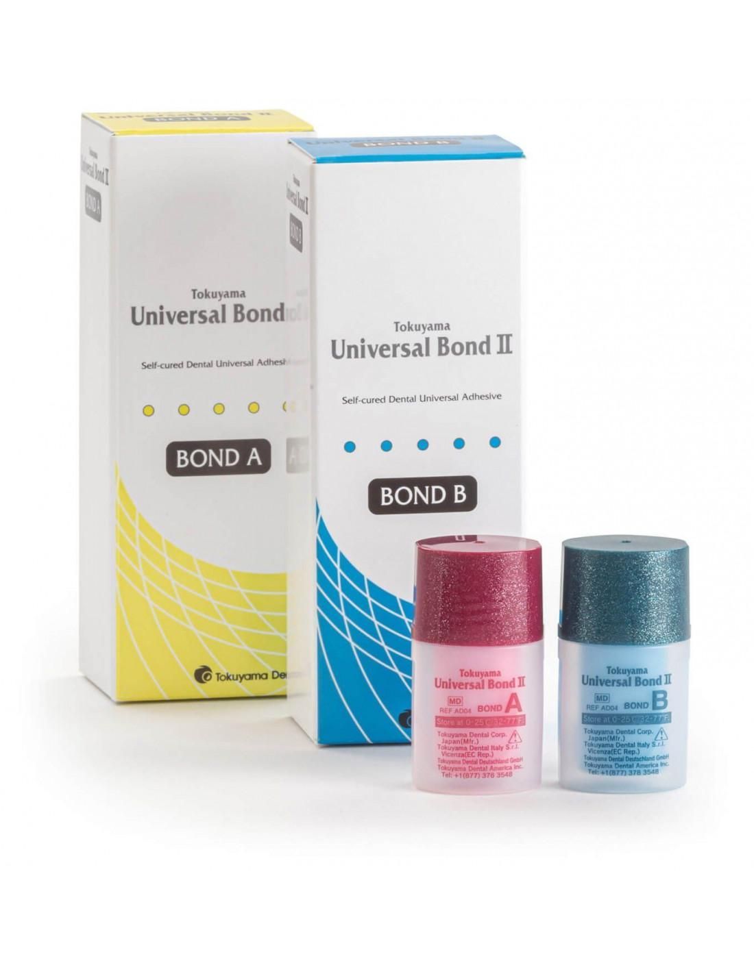 Le confezioni di Tokuyama Universal Bond II A e B, disponibili in scatole e flaconi di adesivo dentale, nei colori giallo e blu.