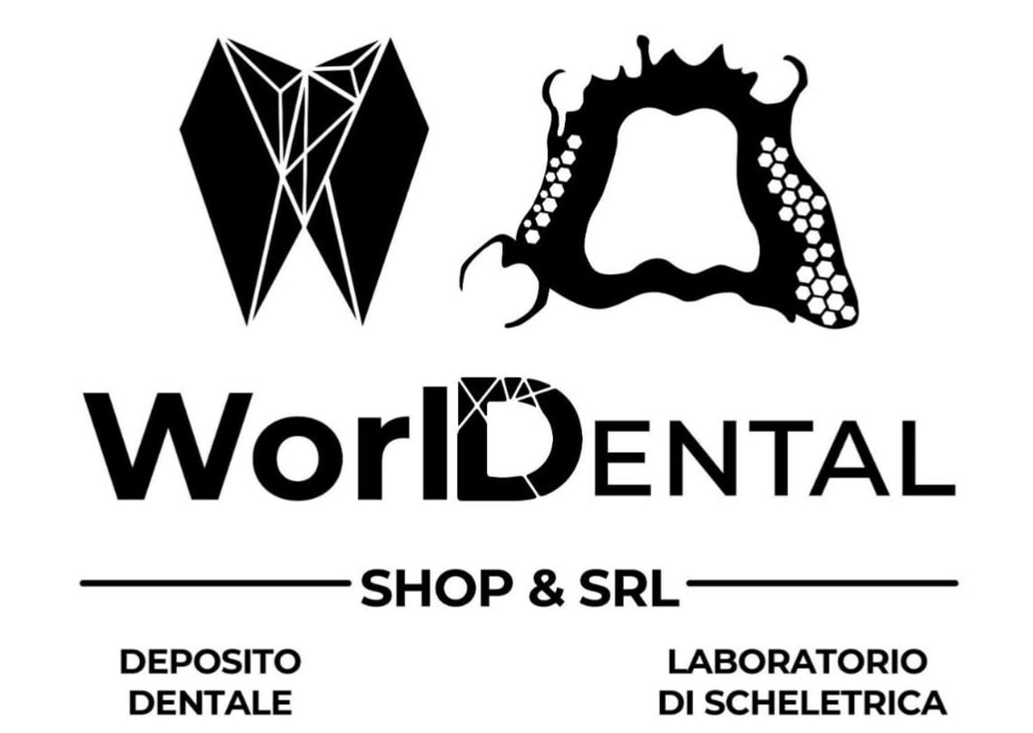Logo per WorldDental Shop & SRL con un'icona geometrica a forma di dente, lo schema di un ponte dentale e un testo stilizzato.