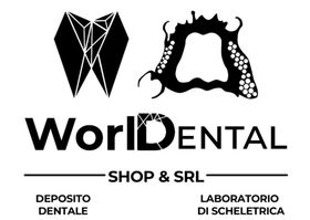 Logo per WorldDental Shop & SRL con un'icona geometrica a forma di dente, lo schema di un ponte dentale e un testo stilizzato.
