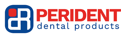 Logo per i prodotti dentali PERIDENT, caratterizzato da un'icona blu con un quadrato rosso e il nome dell'azienda in testo rosso e blu.
