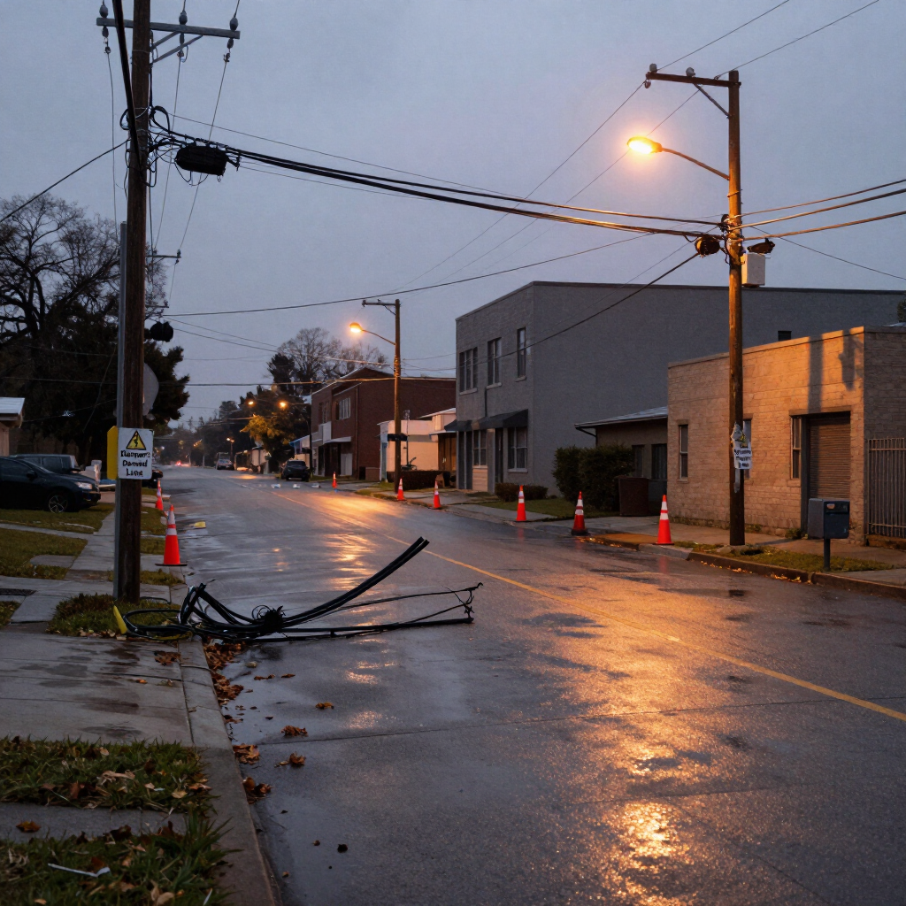 Rainy street at dusk with fallen utility lines, orange cones, and wet pavement reflecting streetlights.