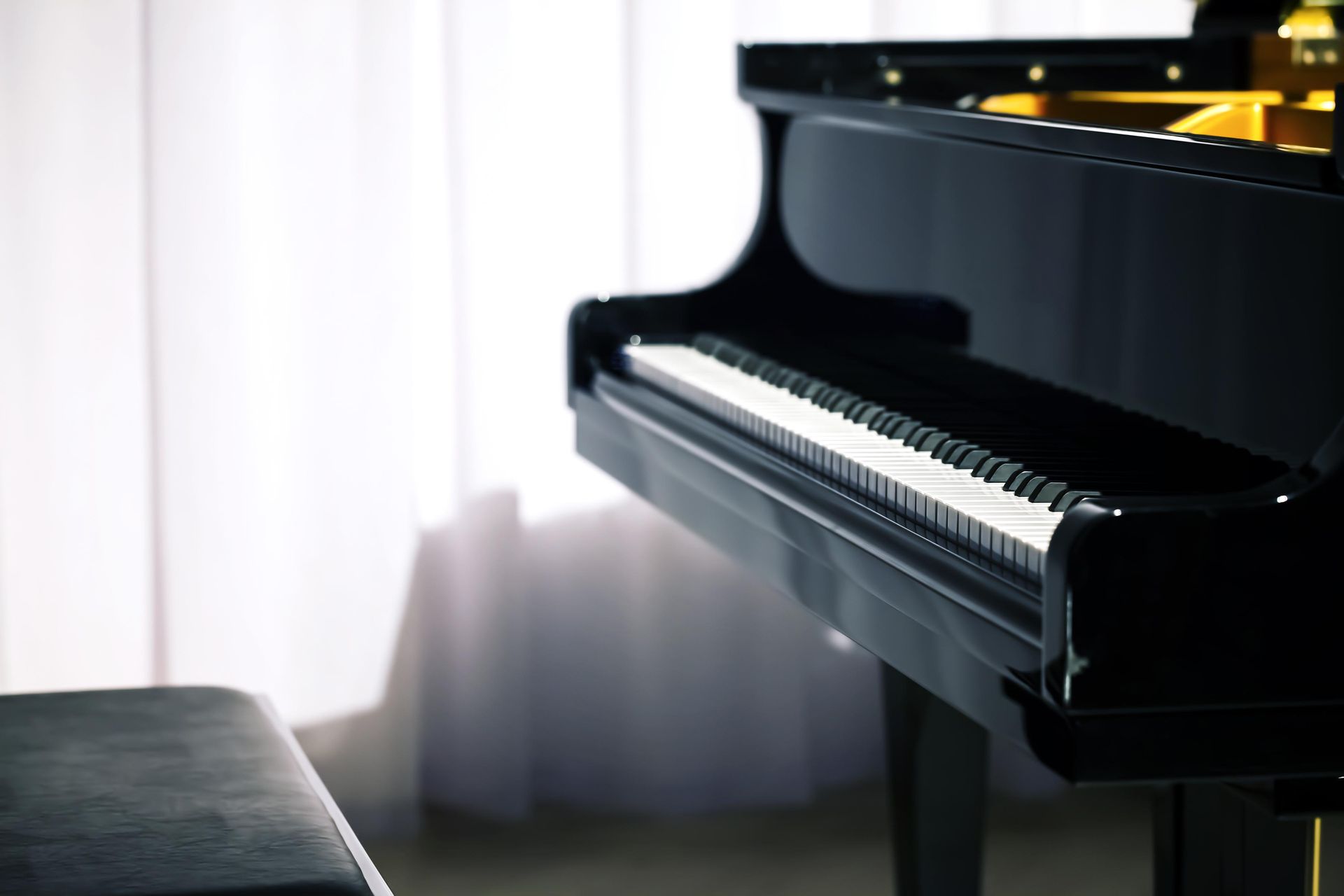 A black grand piano is sitting in front of a window.