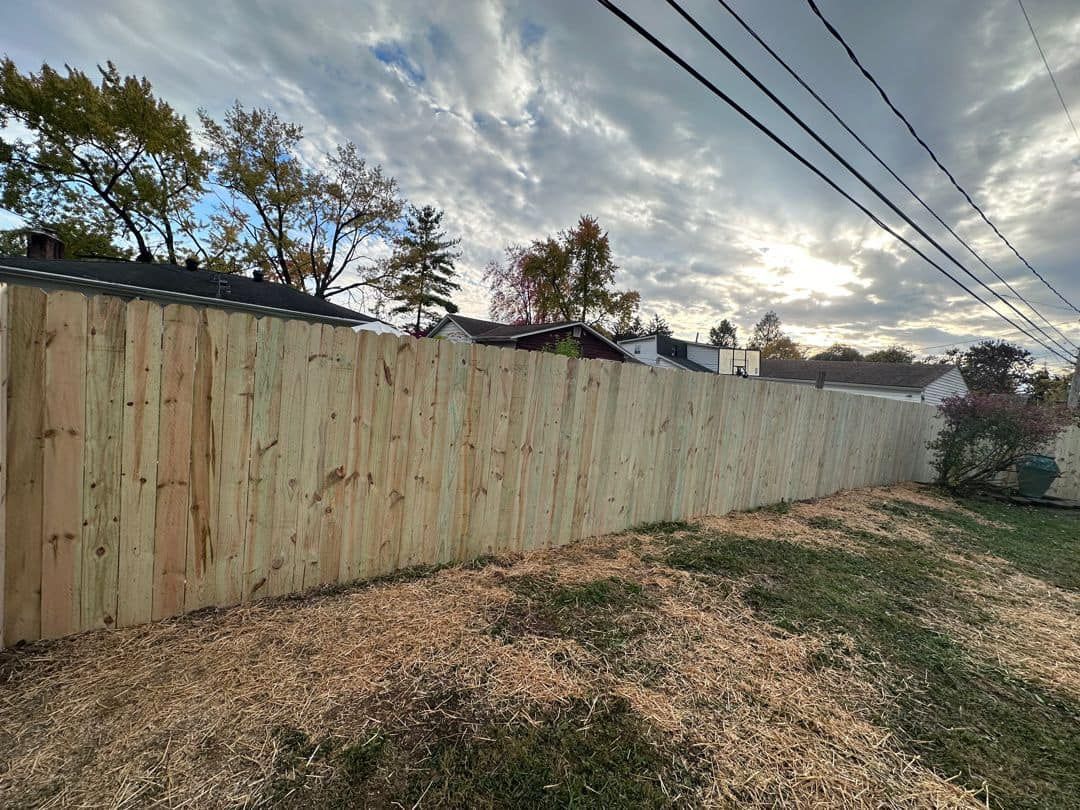 A wooden fence is surrounded by trees and power lines.