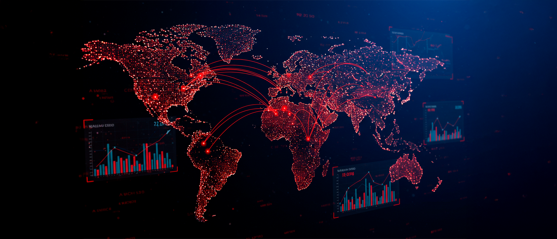 Um mapa do mundo com muitas luzes vermelhas.