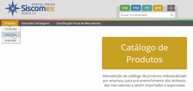 Tela de Catálogo de Produtos no site Siscomex