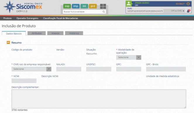 Uma captura de tela de um site chamado Siscomex, na tela de Inclusão de Produto.