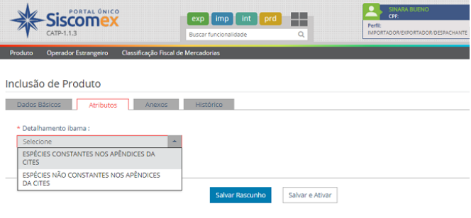 Uma captura de tela de um site chamado Siscomex, na aba Atributos da tela de Inclusão de Produto.