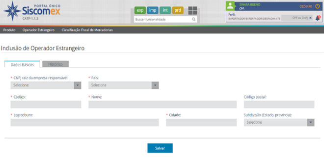 Uma captura de tela de um site chamado Siscomex, na aba Dados Básicos da tela de Inclusão de Operador Estrangeiro.
