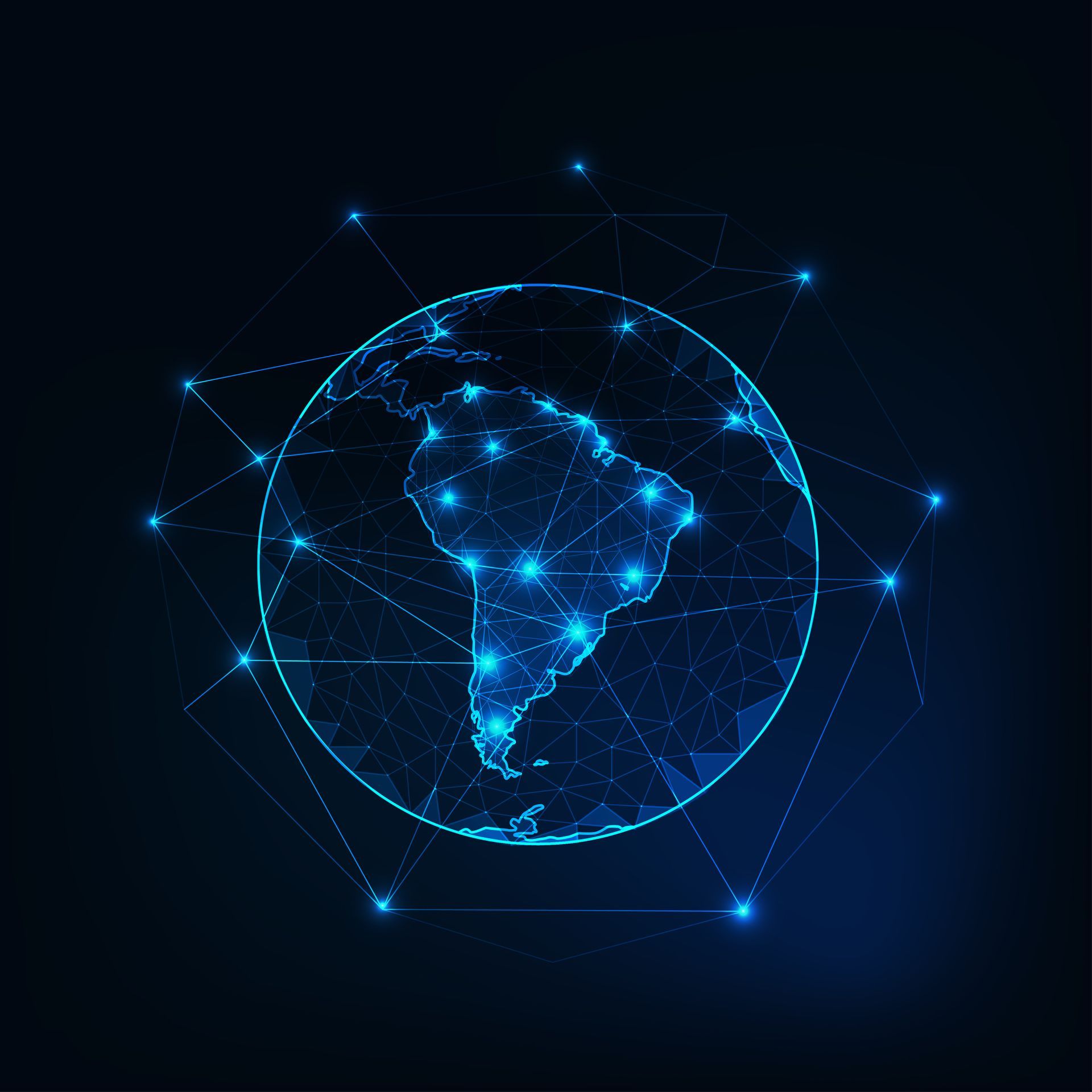 Um globo brilhante com um mapa da América do Sul dentro dele em um fundo azul escuro.