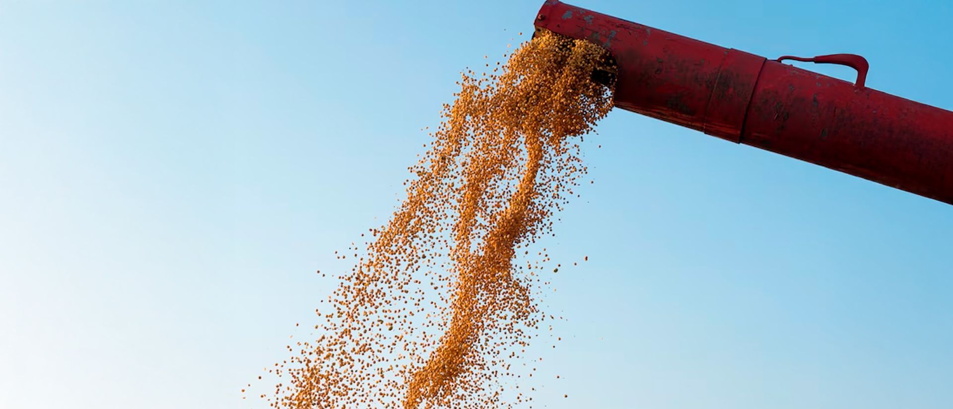 A red pipe is pouring grain into a blue sky.