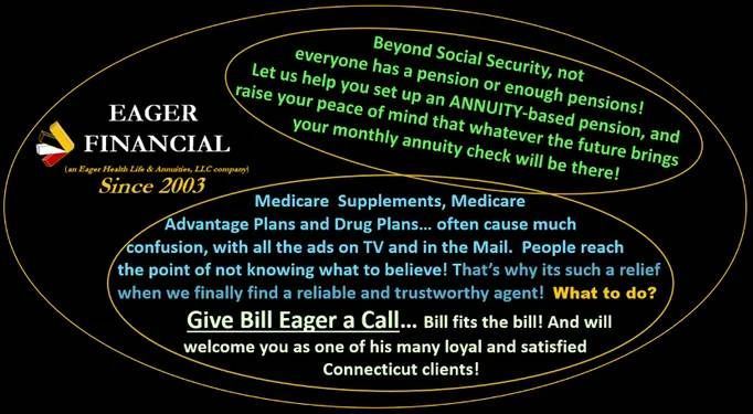 Advertisement for Eager Financial, offering annuity-based pensions and Medicare plans. 