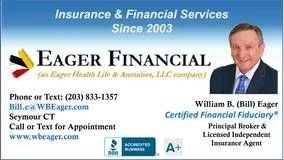 Business card for Eager Financial. Featuring a photo of William B. (Bill) Eager with contact info and accreditation.