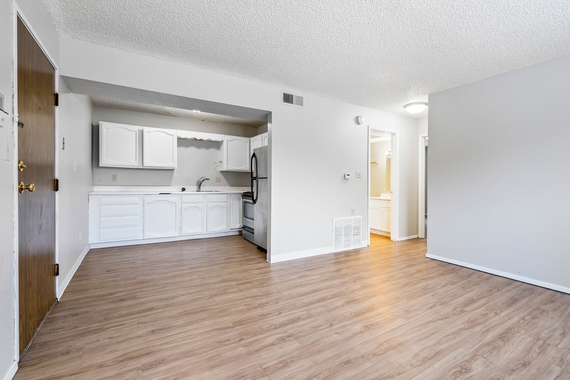 Living room photo with kitchen in background
