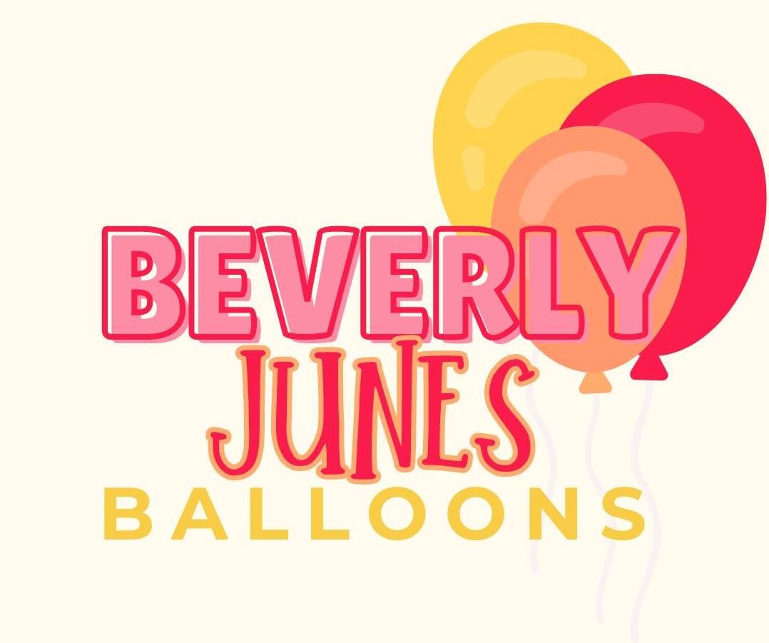 A logo for beverly junes balloons with three balloons