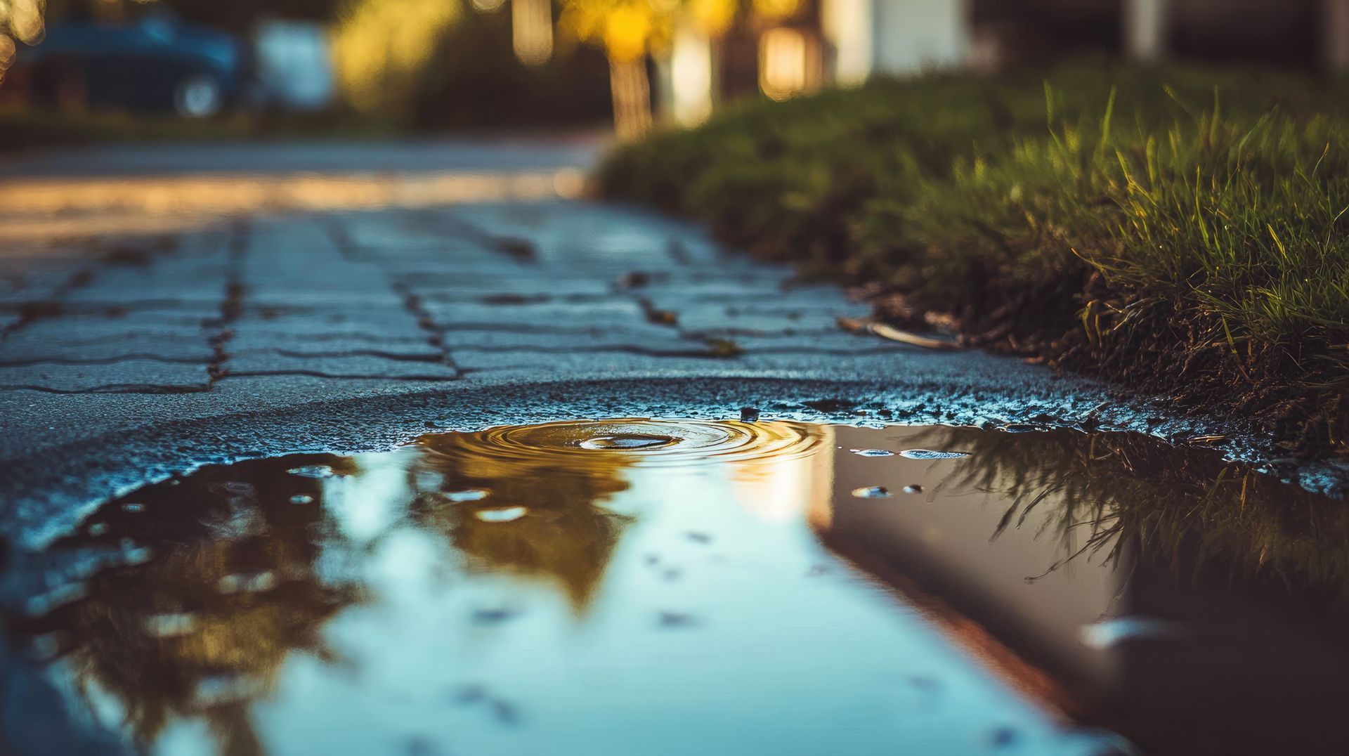 A shallow puddle on a cobblestone sidewalk reflects the surrounding houses and grass under warm, golden hour light.