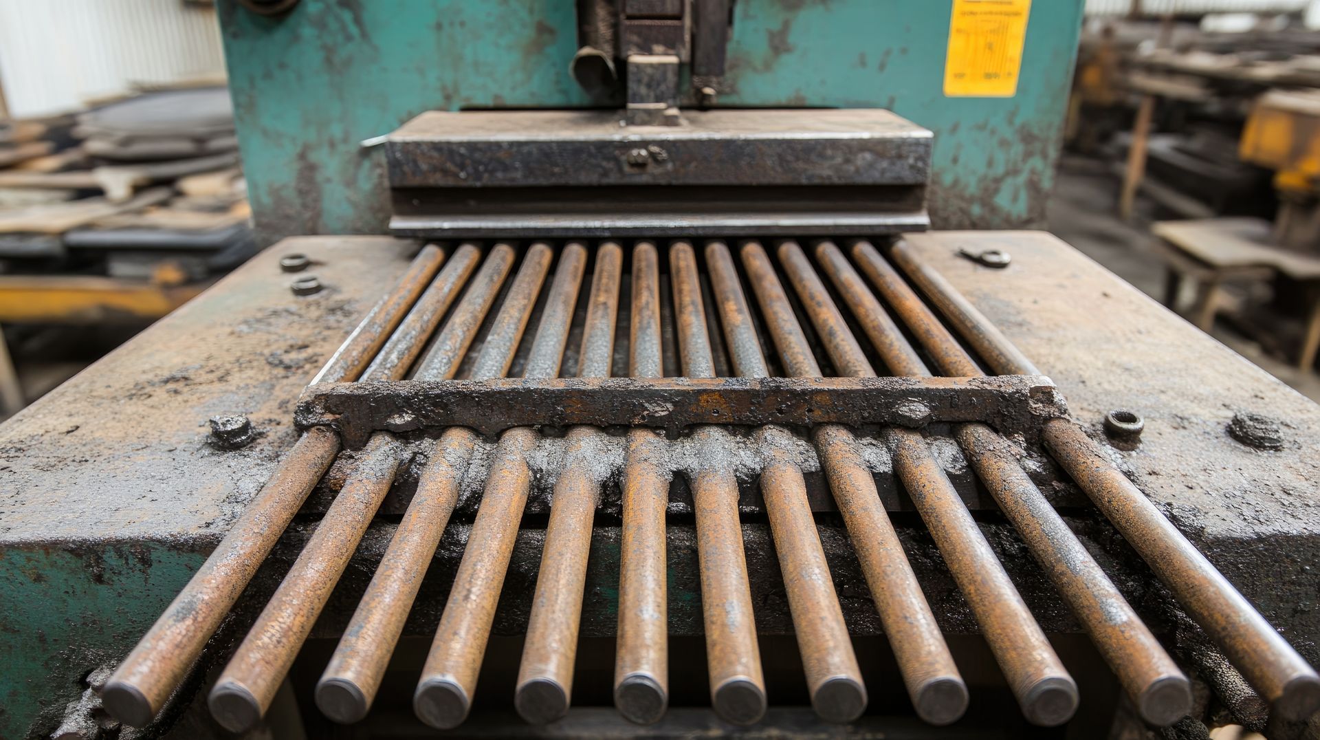 A row of metal rods being processed through an industrial machine in a workshop.