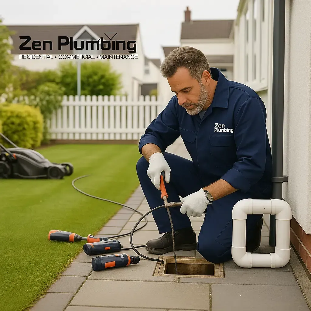 Plumber kneeling, unclogging drain in yard, using tools. Lawn and house in background.
