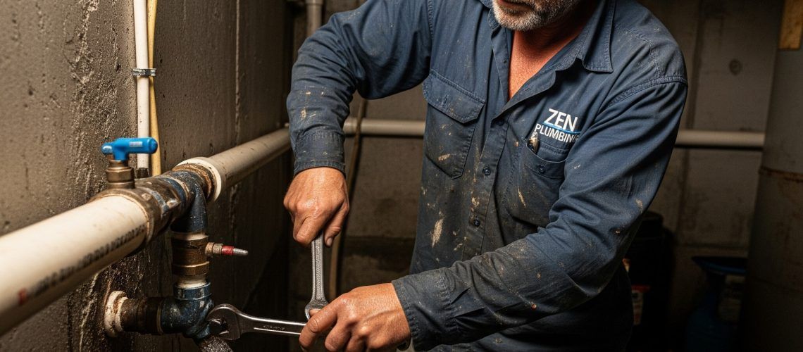 A plumber wearing blue coveralls uses a wrench to repair a pipe in a basement.