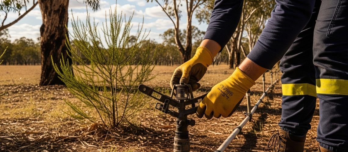 Person in yellow gloves adjusting a sprinkler near a young tree in a dry field.