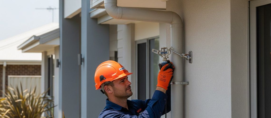 A worker in a hard hat and gloves installs equipment on a white building wall.