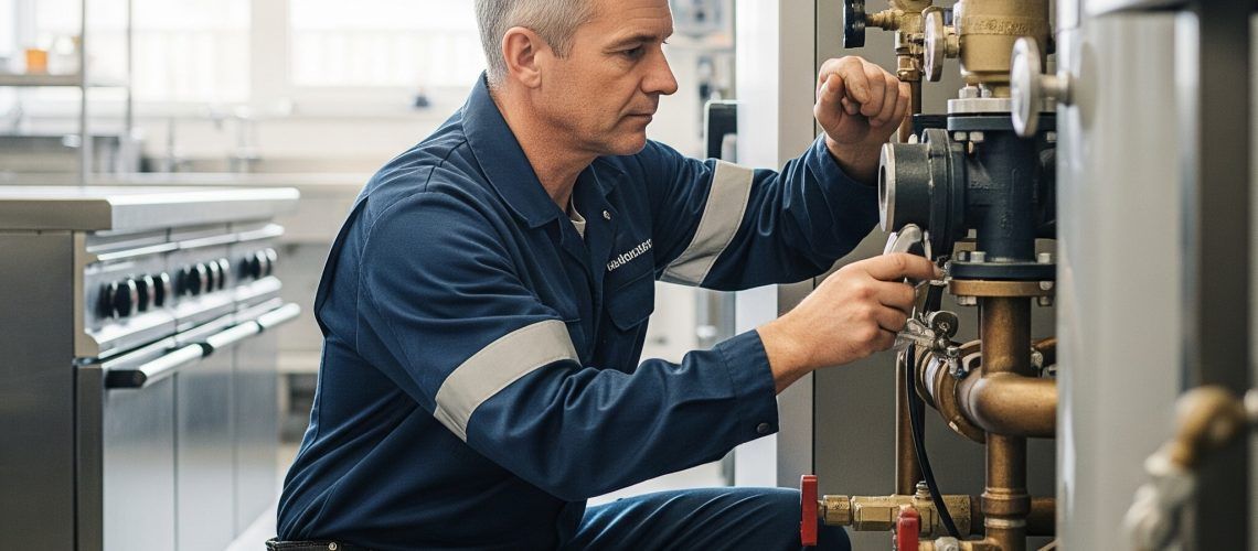A maintenance worker in blue coveralls repairs machinery in a utility room.