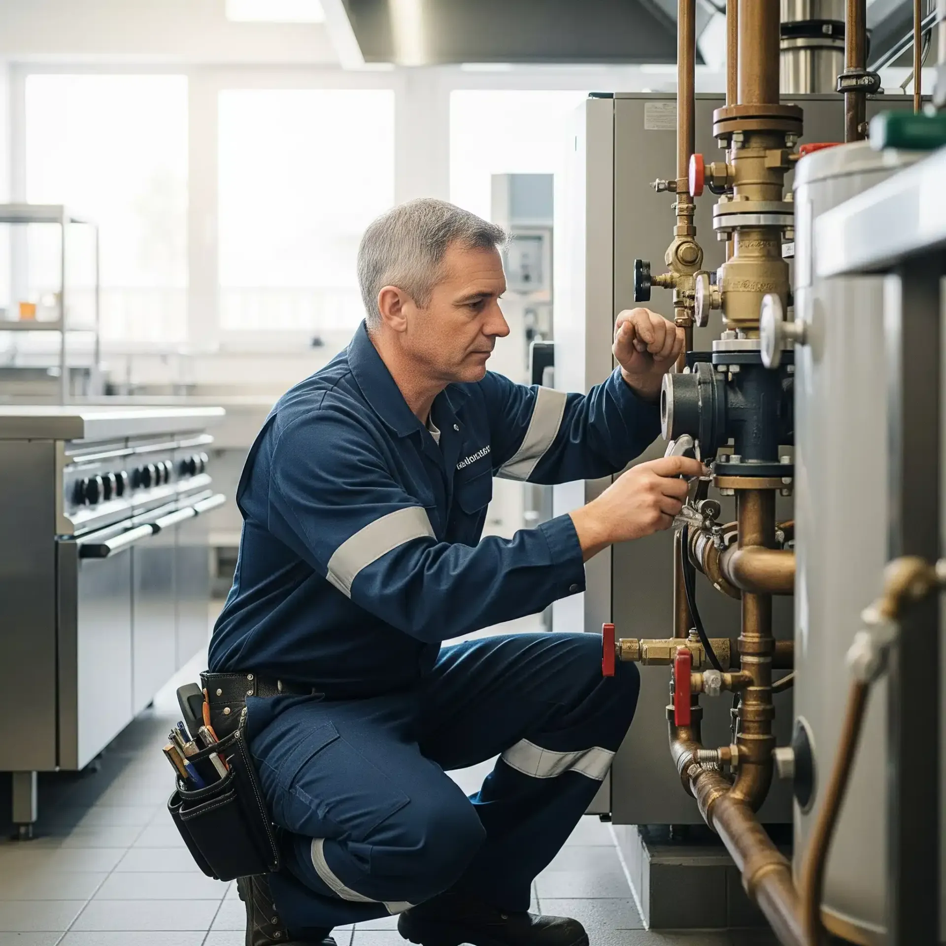 Man in blue jumpsuit, working on pipes in a commercial kitchen. He is kneeling, using tools.
