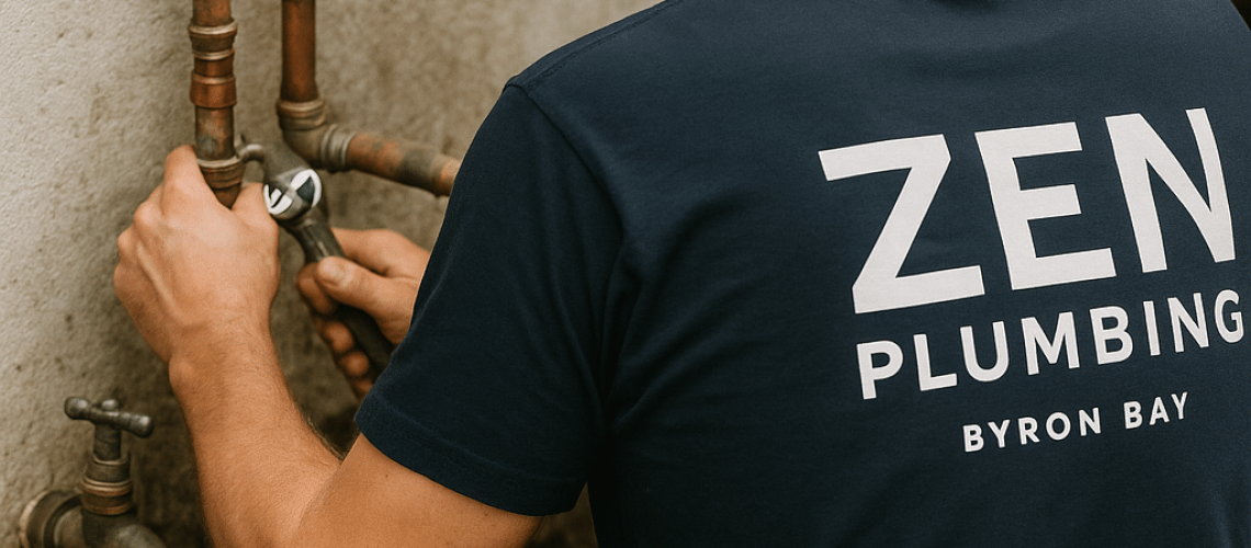 Plumber in blue shirt with the logo
