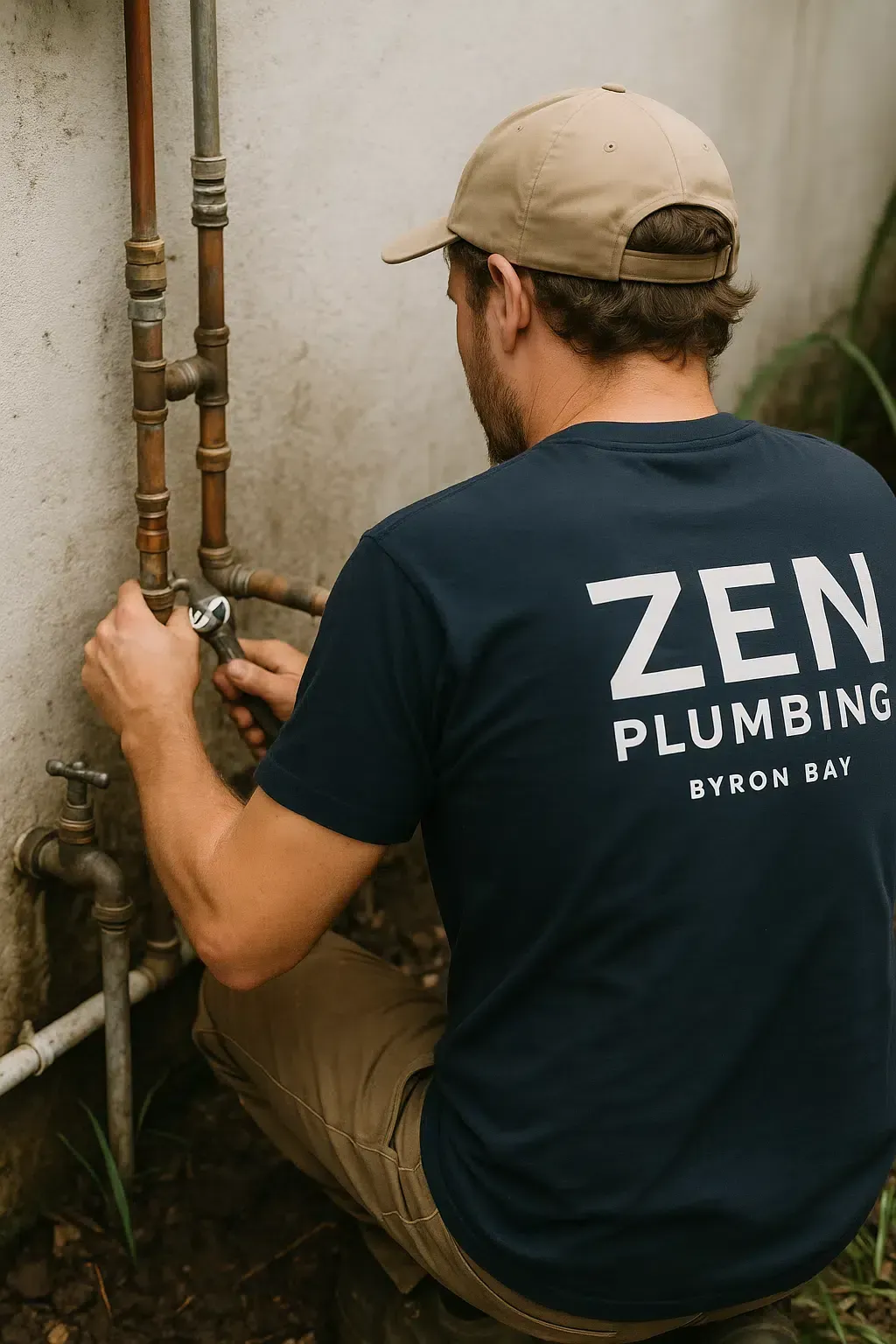 Plumber in navy shirt with 