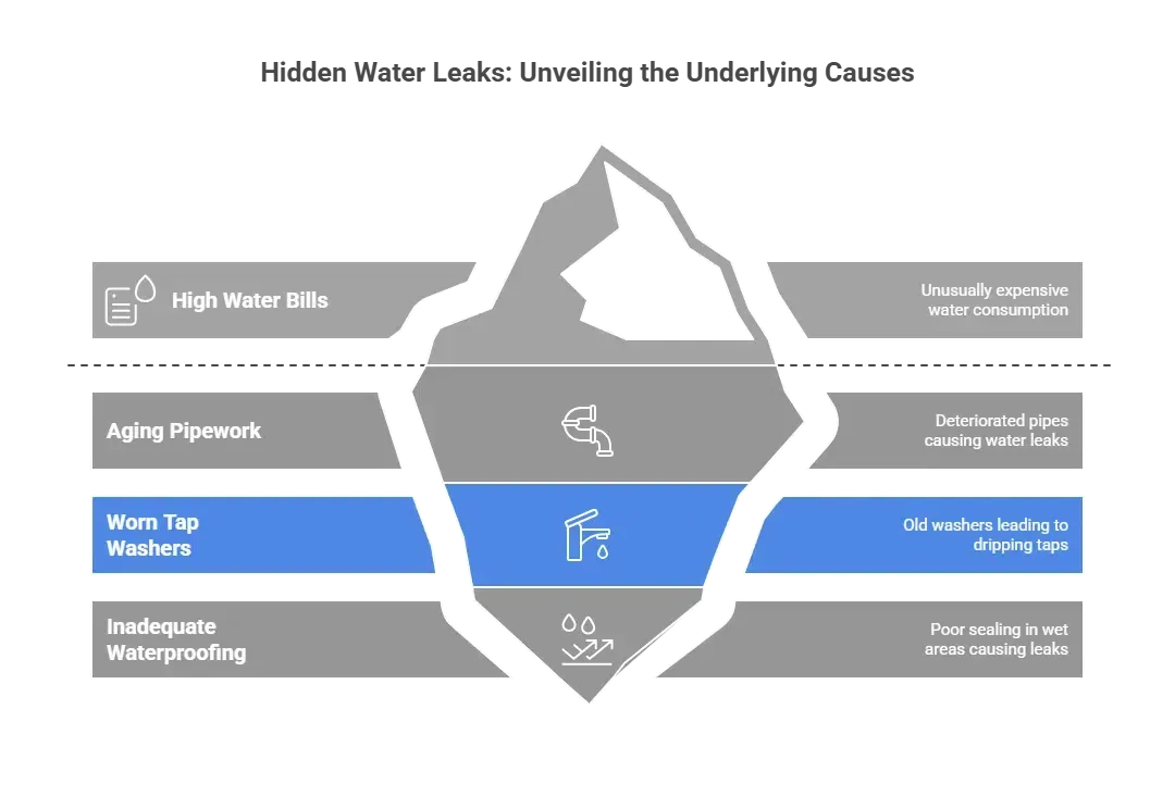 Infographic: Hidden water leaks. Iceberg diagram shows causes of leaks
