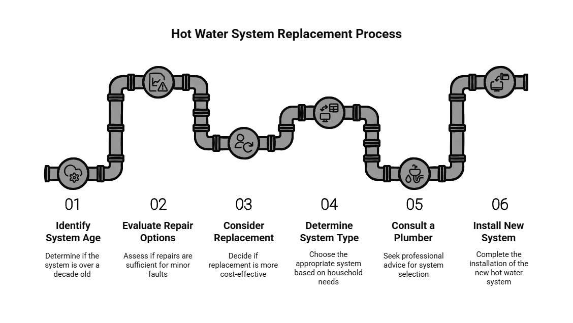 Flowchart: hot water system replacement process, steps 1-6: