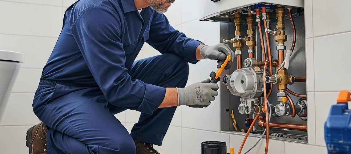 A plumber in blue coveralls kneels, working on a boiler in a tiled bathroom.